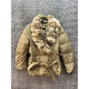 Add Down Padded Fur Trim Quilted Belted Wrap Puffer Coat Beige Womens Size 44